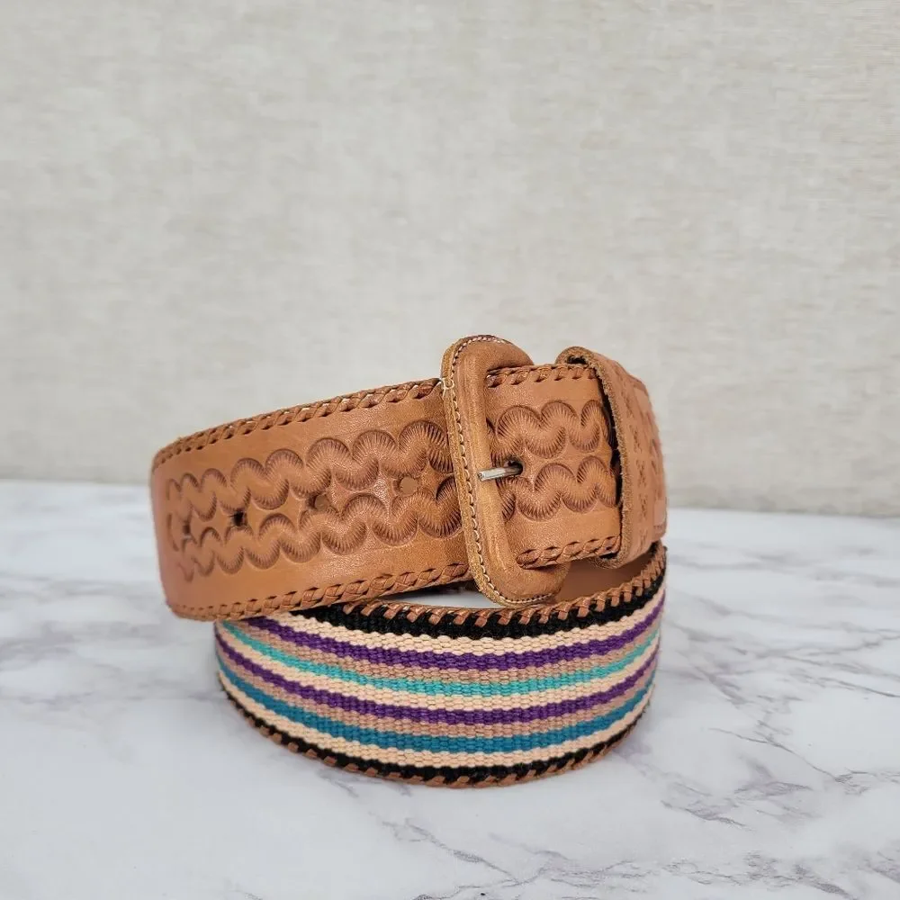 Tan Tooled Leather and Multicolor Canvas Striped Belt Vintage